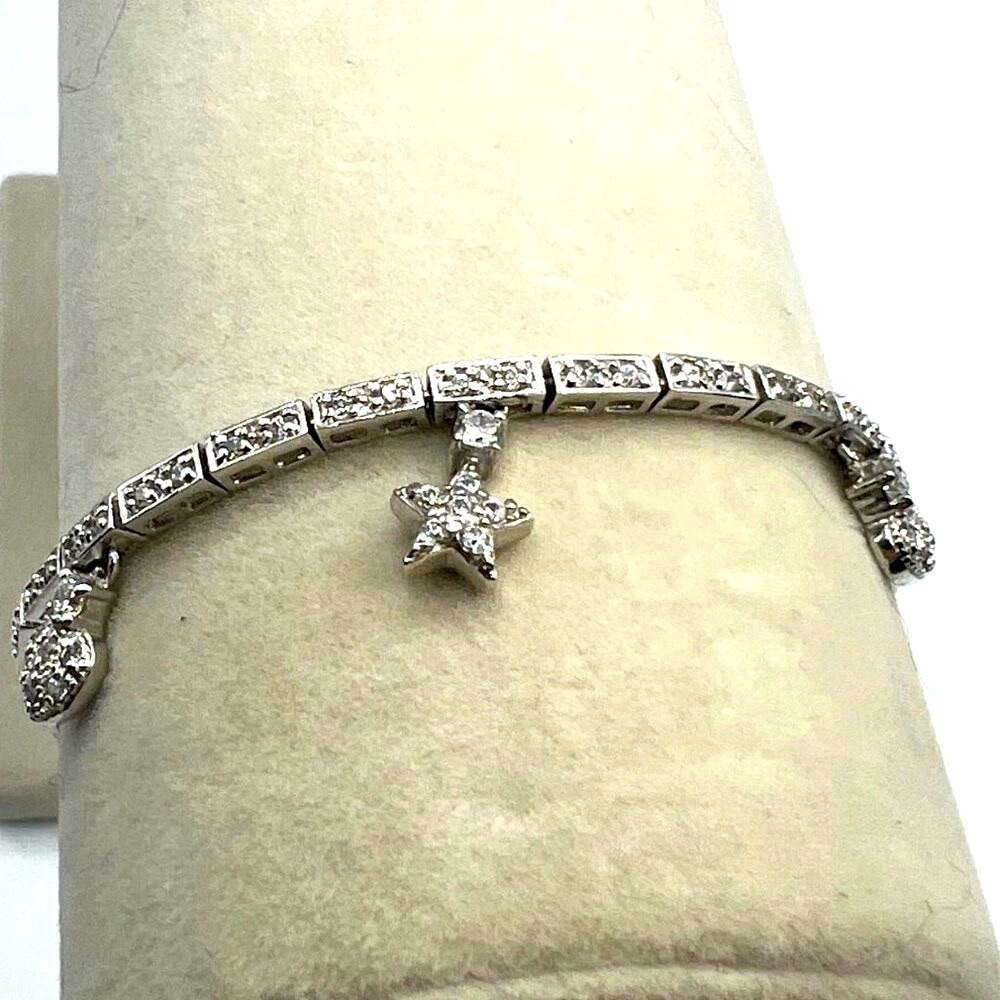 925 Sterling Silver Bracelet With Heart & Star Charms Cubic Zirconias M12 - Picture 2 of 7
